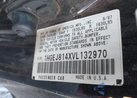 1997 Honda Civic Ex z USA, uszkodzony, nr VIN 1HGEJ814XVL132970